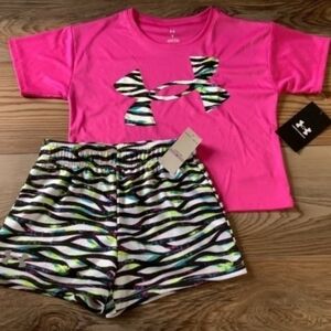 Under Armour Girls Hot Pink Logo Tee & Zebra Print Shorts Set Size 6(NWT)